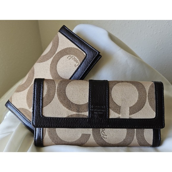 Coach Handbags - Coach Brown Leather Checkbook Wallet in Signature Canvas - Khaki and Tan